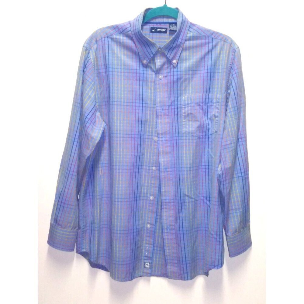 Jantzen Mens shirt VTG Neon Stripes/plaid button-down Sz L collar LS multicolor